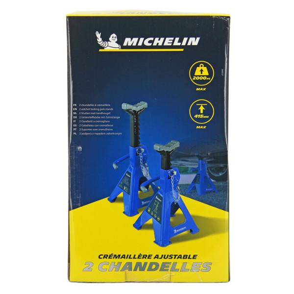 MICHELIN 009557 2 Chandelles de Levage à crémaillère 2 Tonnes - Hauteur réglable 280-415mm - Blocage rapide levier + Goupille de Sécurité - Pieds larges stables - Semelle caoutchouc